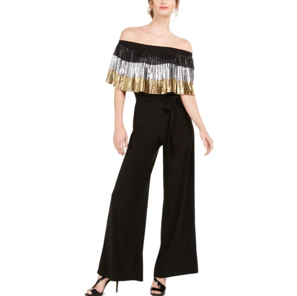 🔥MSK Metallic Gold, Silver, and Black Off the Shoulder Jumpsuit